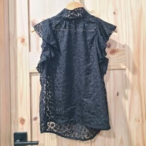 Sabina Musayev Black Floral Sheer Lace Flutter Sleeve Top Whimsical Fairy Size M